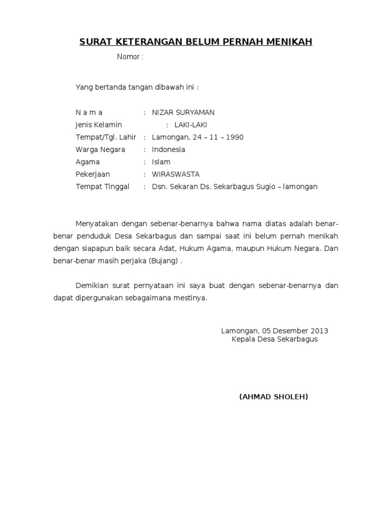 Surat Keterangan Belum Menikah Dari Kelurahan