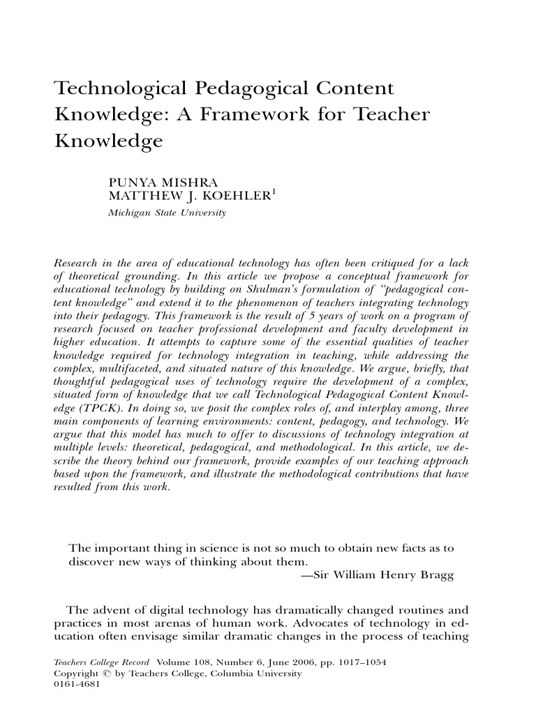 2006 P.mishra&Koehler - Technological Pedagogical Content Knowledge ...