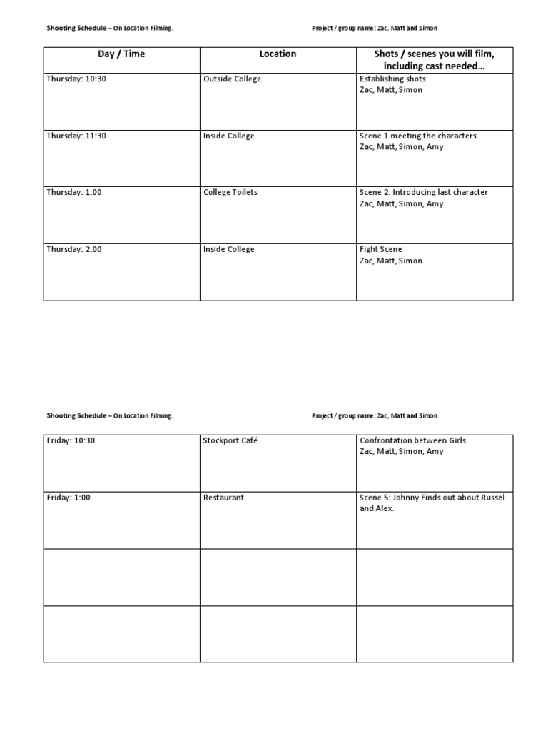 Shooting Schedule | PDF | Art