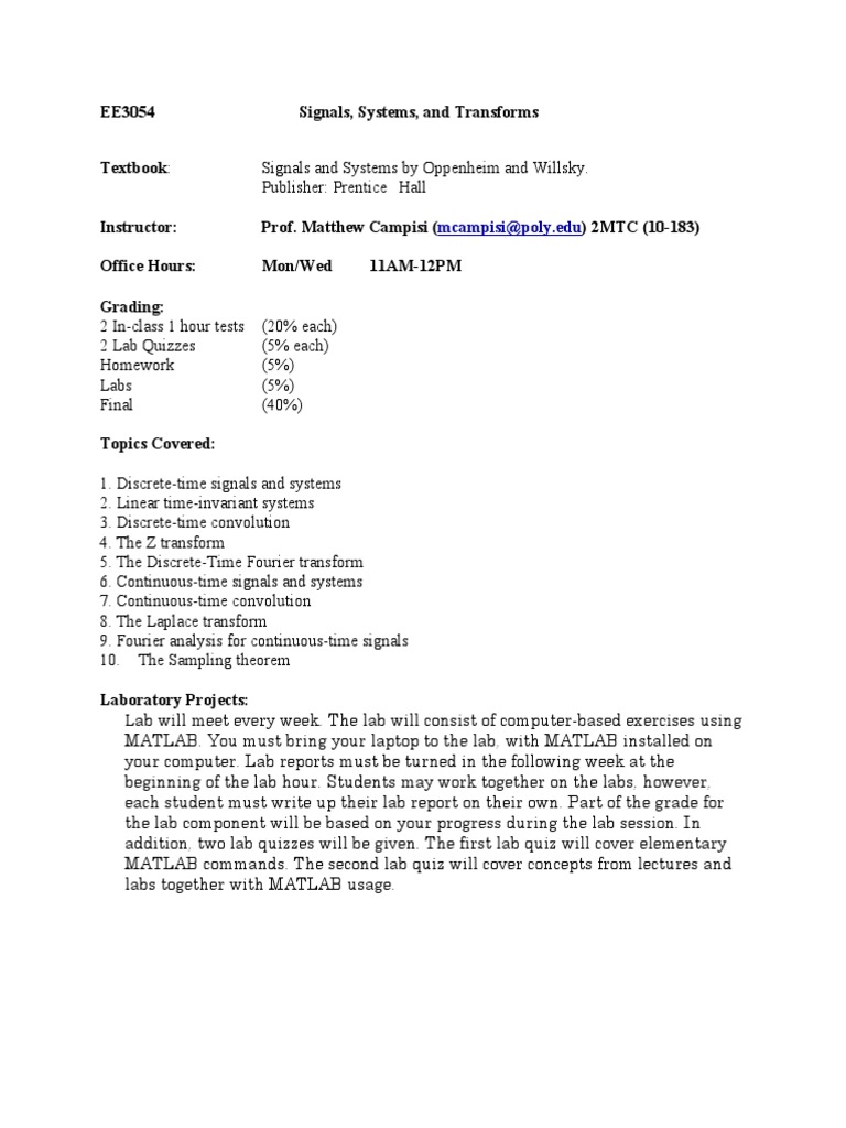 Signals and Systems Course Overview | PDF | Teaching Methods ...