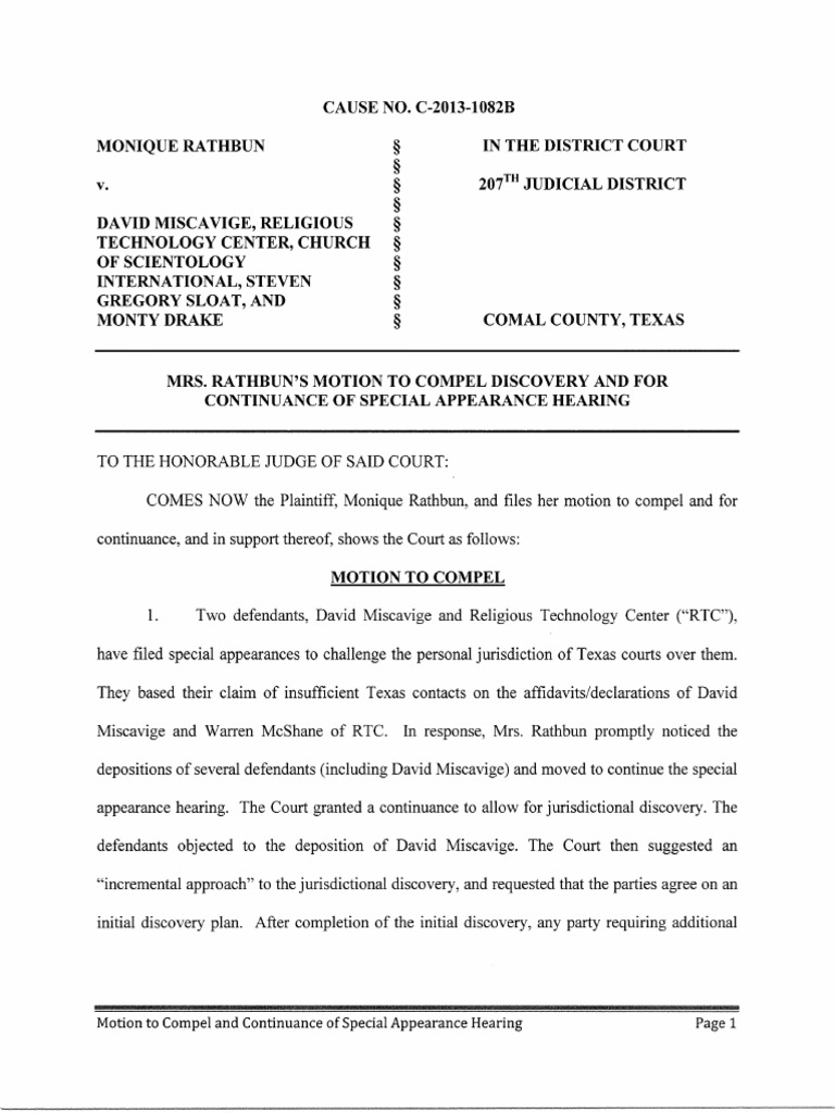 Monique Rathbun V Scientology Motion To Compel and For Continuance