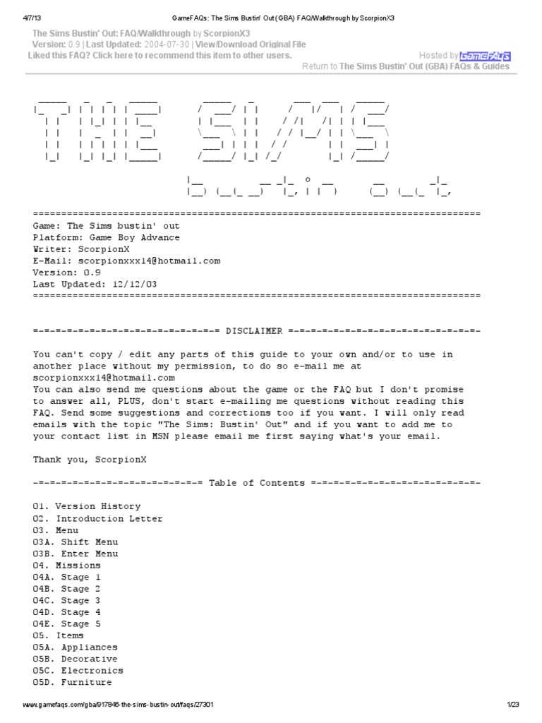 GameFAQs - The Sims Bustin' Out (GBA) FAQ - Walkthrough by ScorpionX3 ...