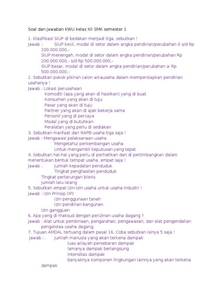 Soal Dan Jawaban Kwu Kelas Xii Smk Semester 1