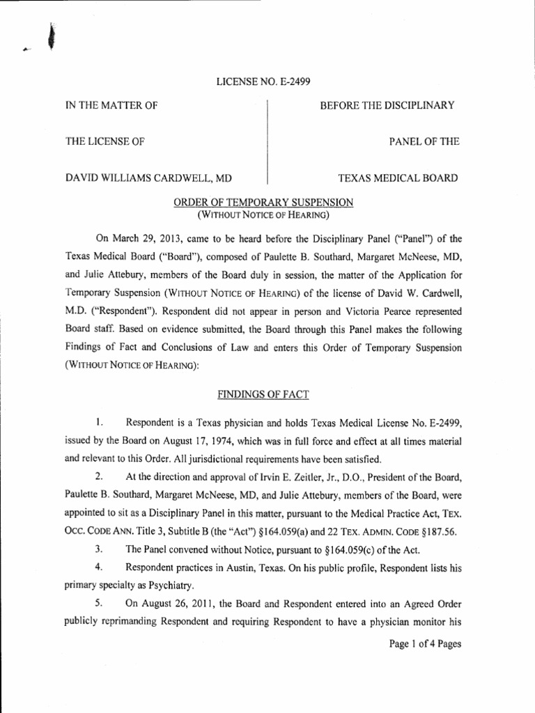 Dr. David Cardwell Texas Medical Board Discipline Record PDF