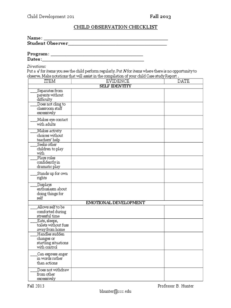 Child Observation Checklist Template | PDF | Psychological Concepts ...