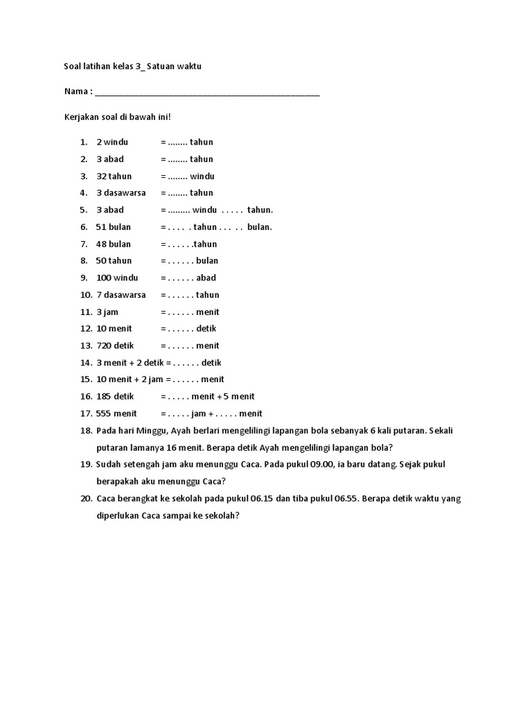 Soal Latihan Kelas 3 Satuan Waktu Pdf