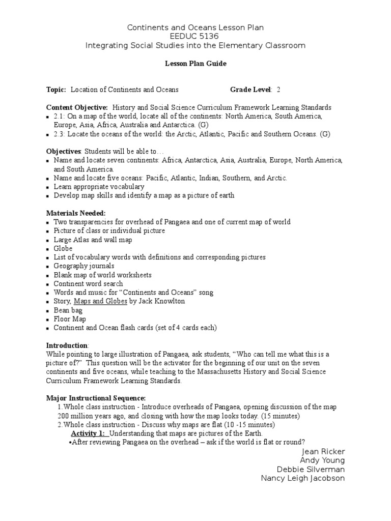 worksheet Continents And Oceans Worksheets continents and oceans lesson plan nancy j jean andyand debbie1 continent plan
