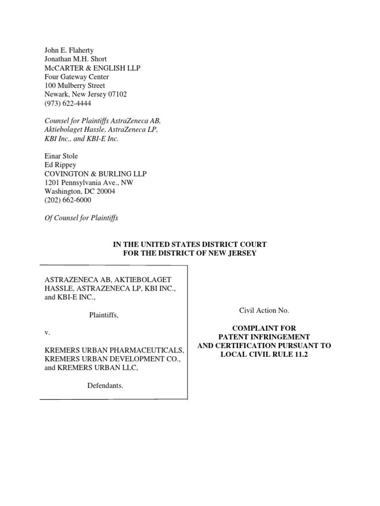 Astrazeneca Ab et. al. v. Kremers Urban Pharmaceuticals et ...