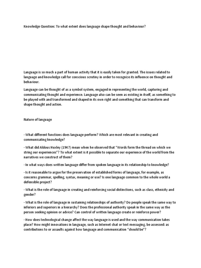 TOK IB Knowledge Question To what extent does language shape thought