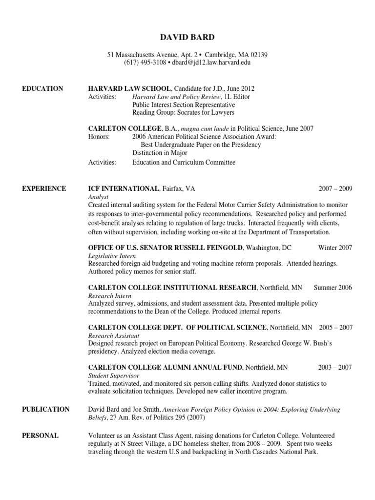 resume sample harvard law school