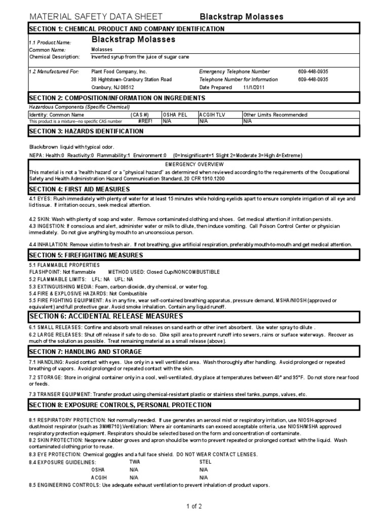 Blackstrap Molasses MSDS PDF Water Respiratory System