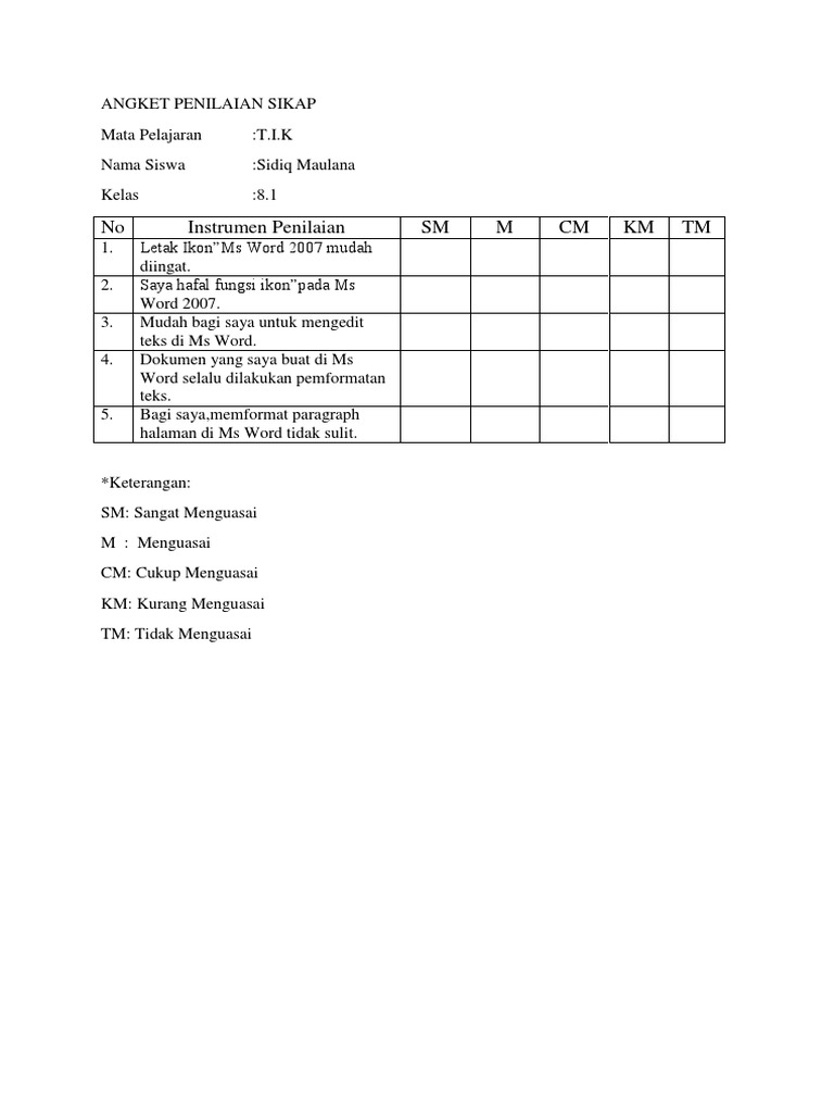 Contoh : ANGKET PENILAIAN SIKAP