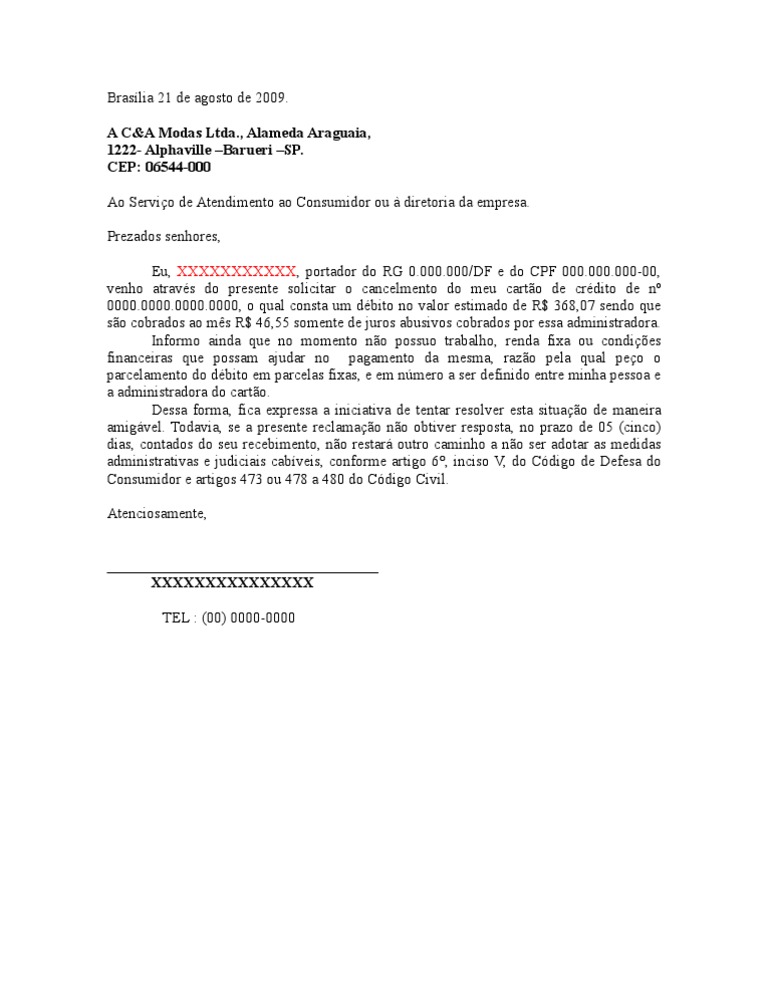 MODELO CANCELAMENTO DE CARTÃO