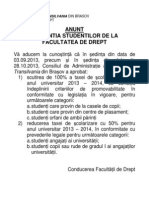 Anunt Important - Conditii Acordare - Reduceri Taxa Pentru Studentii Facultatii de Drept Transilvania, Brasov