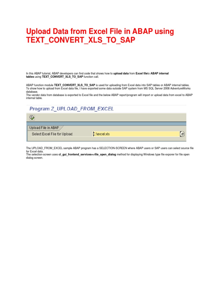 Upload Data From Excel File in ABAP Using TEXT - CONVERT - XLS - TO - SAP |  PDF | Microsoft Excel | Computing