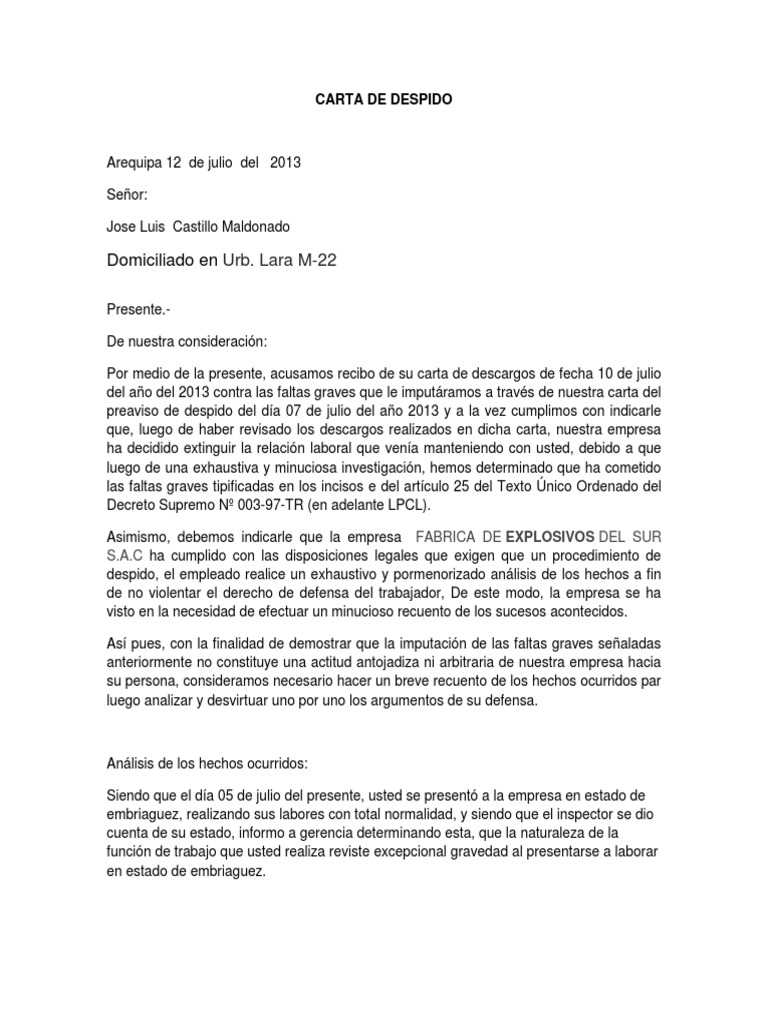 Carta de Despido Derecho laboral Cuidado de salud del gobierno