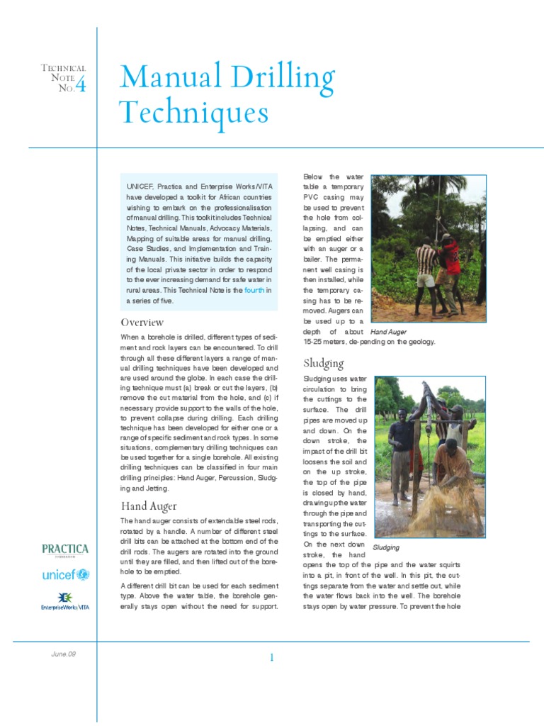 Manual Techniques for Drilling Water Wells A Guide to Hand Augering, Percussion, Sludging, and
