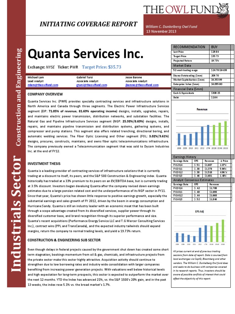 Quanta Services Inc. Initiating Coverage Report PDF Cost Of Capital