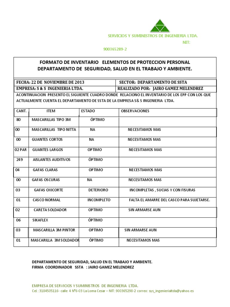 Formato de Inventario Epp Formato de Inventario Epp