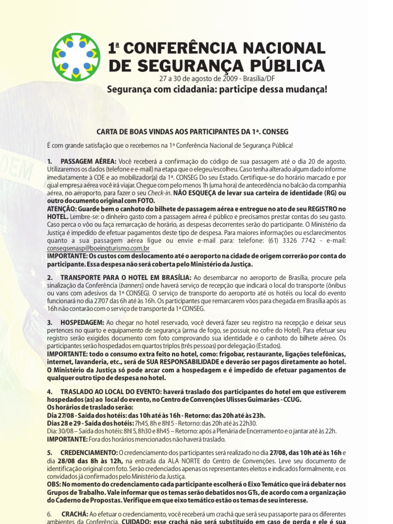 CARTA de BOAS VINDAS aos PARTICIPANTES Hotel Almoço