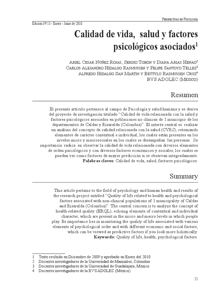 Calidad de Vida y Salud Psicológica | PDF | Salud mental | Calidad de vida