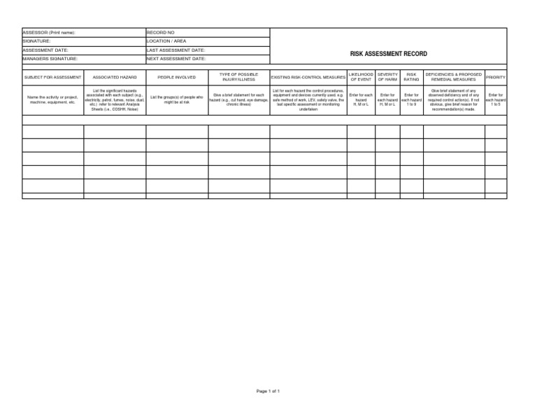 Risk Assessment Record Template | PDF