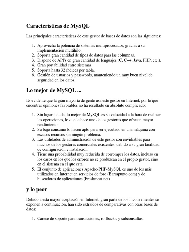 Principales características de MySQL | PDF | Mi sql | Bases de datos