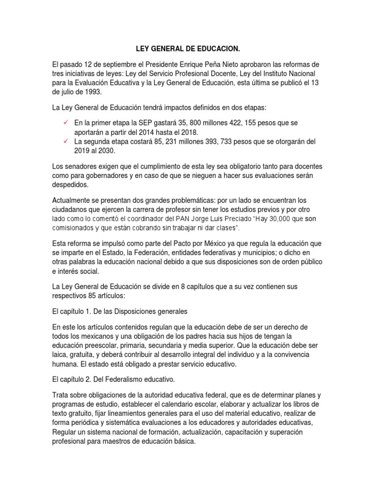 6 Ley General de Educacion Resumen | PDF | Educación Secundaria ...