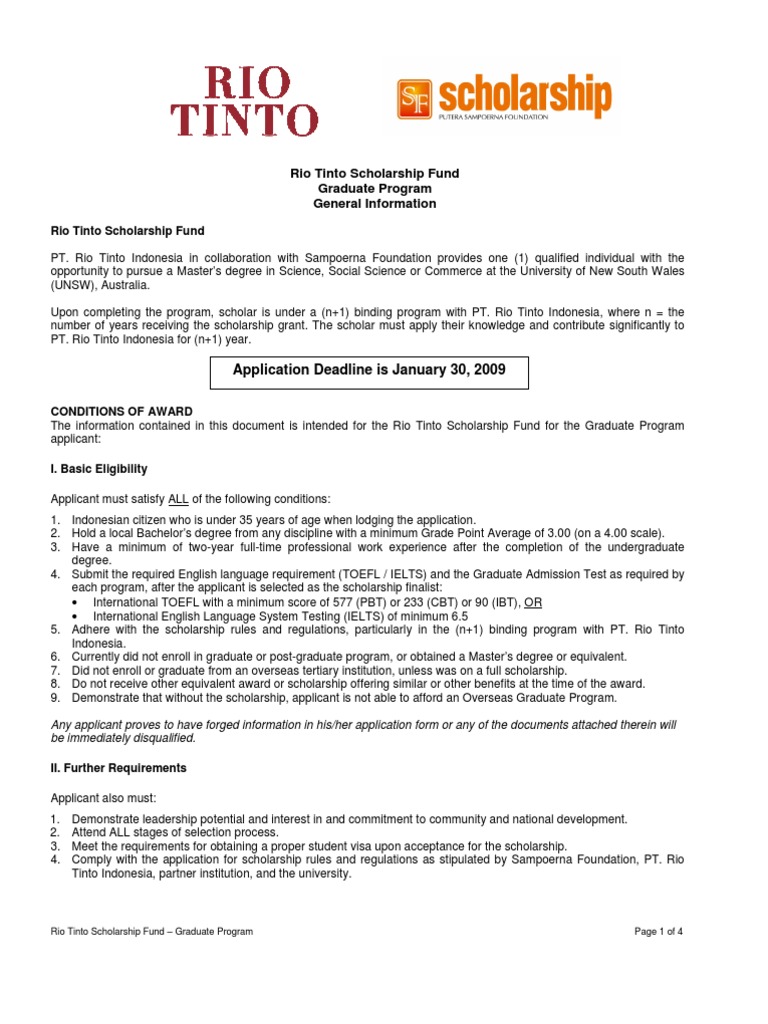 Rio Tinto Scholarship Fund Application Package Graduate Program Pdf Postgraduate Education Graduate School