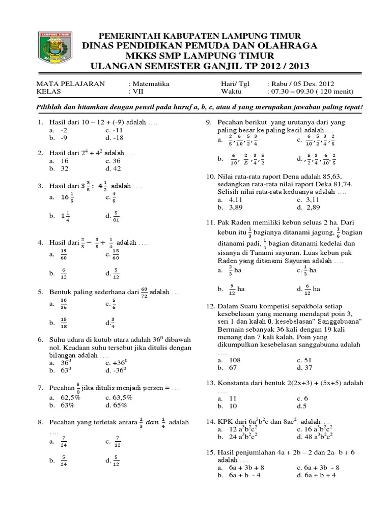 Soal Uas Matematika Kelas 7 Tp 2012 2013