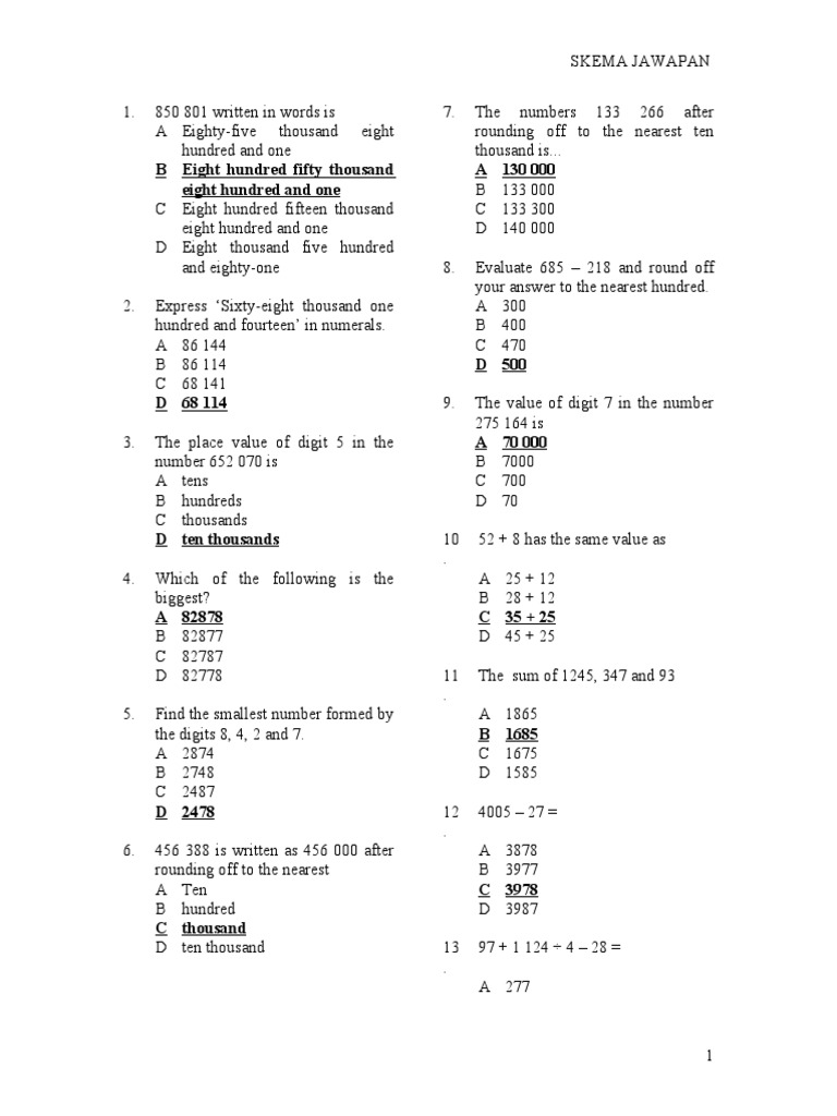 Matematik f1 p1 Skema Jawapan | PDF | Teaching Methods & Materials