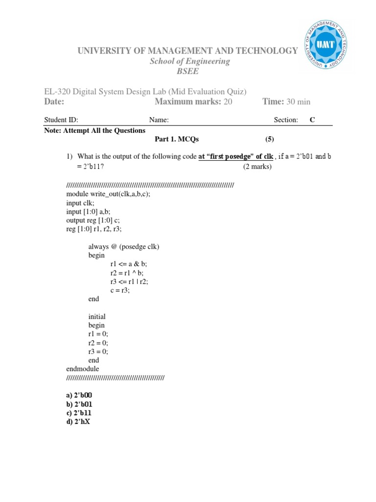 EL-320 Digital System Design Lab (Mid Evaluation Quiz) : University of ...