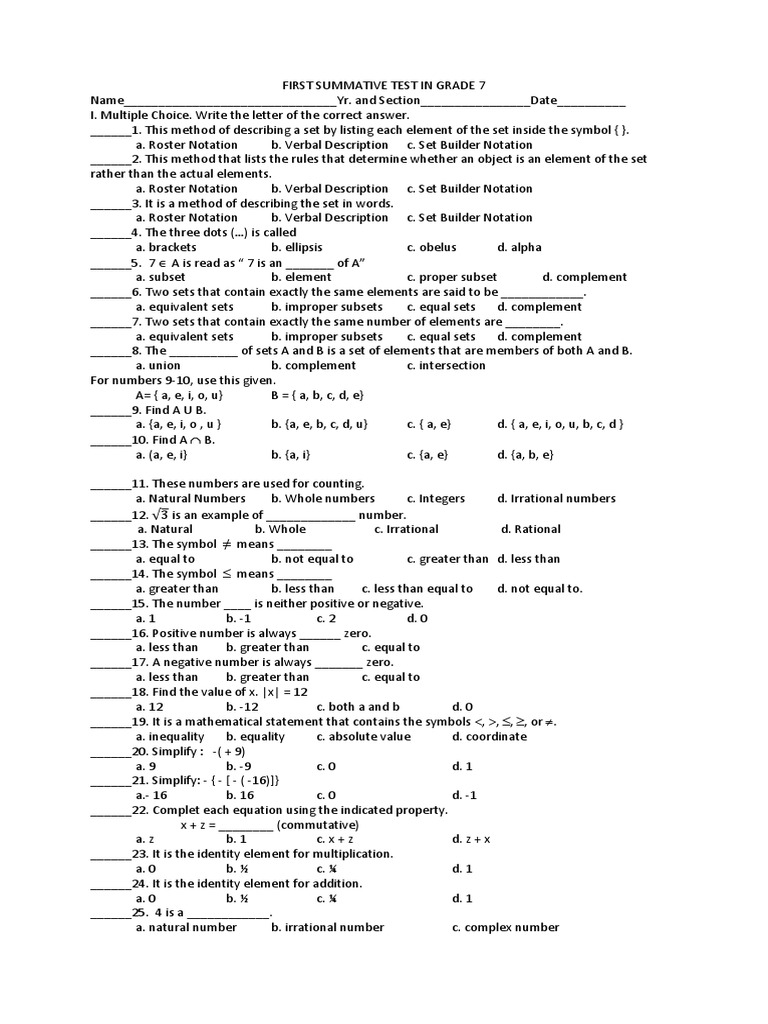 Grade 7 Math 1st Quarter Test | PDF | Integer | Ellipsis