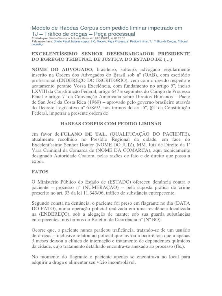 Modelo de Habeas Corpus Com Pedido Liminar Impetrado Em TJ | Habeas ...