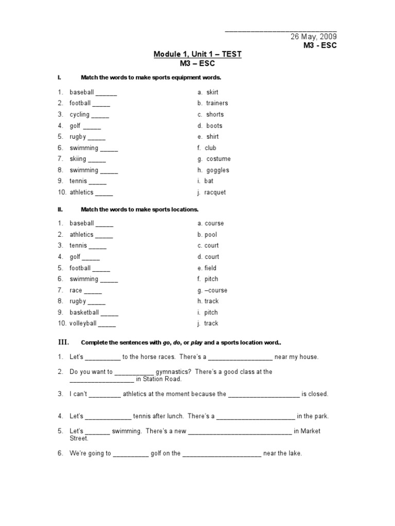 Module 1-Unit 1 Test - m3 Esc - 26 May | PDF | Recreation | Sports