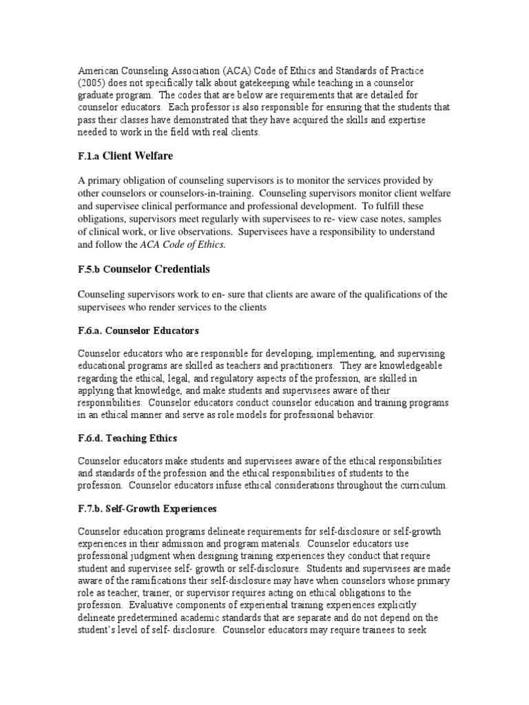 ACA Ethics: Counselor Education Standards | PDF | School Counselor ...