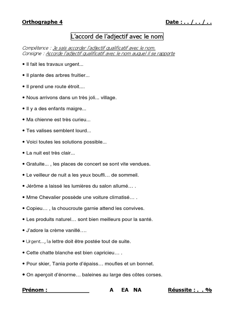 L accord Des Adjectifs Exercices Pdf 04 Accord de Adjectif Qualificatif Avec Le Nom PDF | PDF