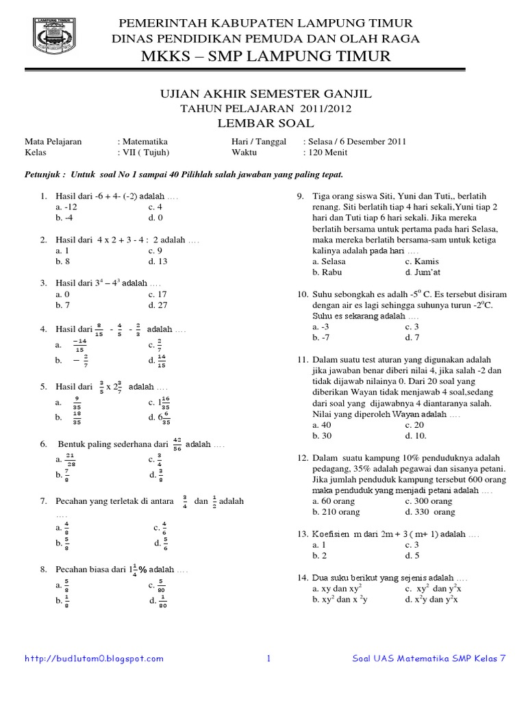 Soal UAS Matematika Kelas 7 TP 20112012