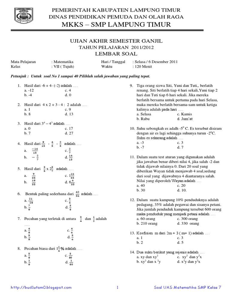 SOAL DAN KUNCI JAWABAN LATIHAN ULANGAN UMUM MATEMATIKA KELAS  SOAL DAN KUNCI JAWABAN LATIHAN ULANGAN UMUM MATEMATIKA KELAS 4 SEMESTER1 / GASAL SERBA SERBI GURU