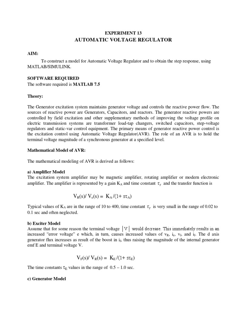 Simulink Model of Automatic Voltage Regulator | PDF | Ac Power | Amplifier