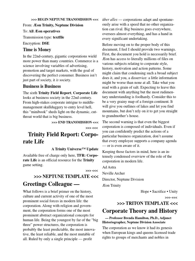 Aeon Trinity - Field Report - Corporate Life | PDF | Free Market ...