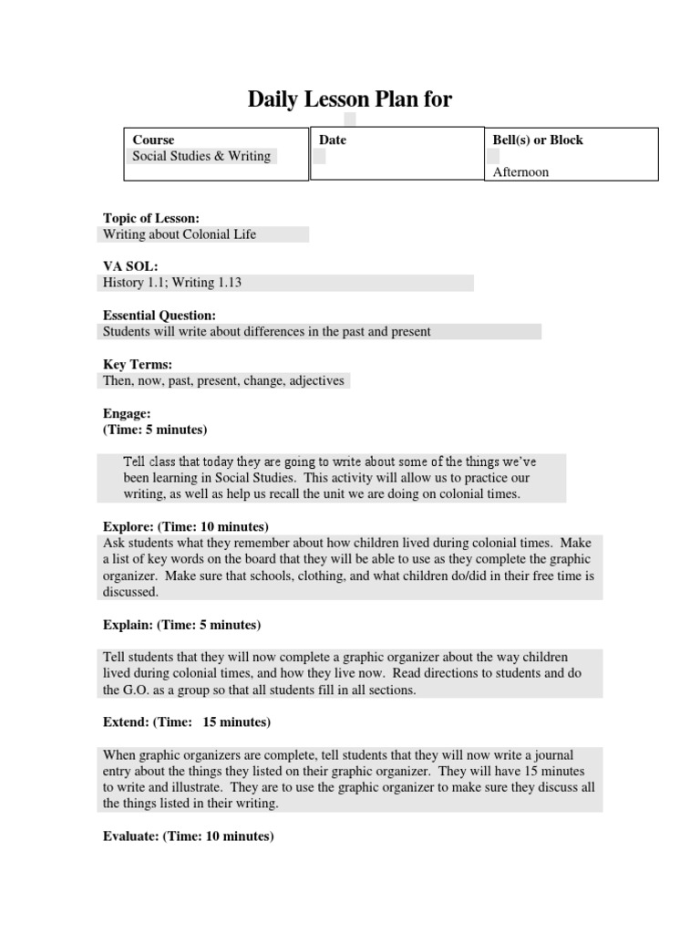 Writing Colonial Life Lesson Plan PDF