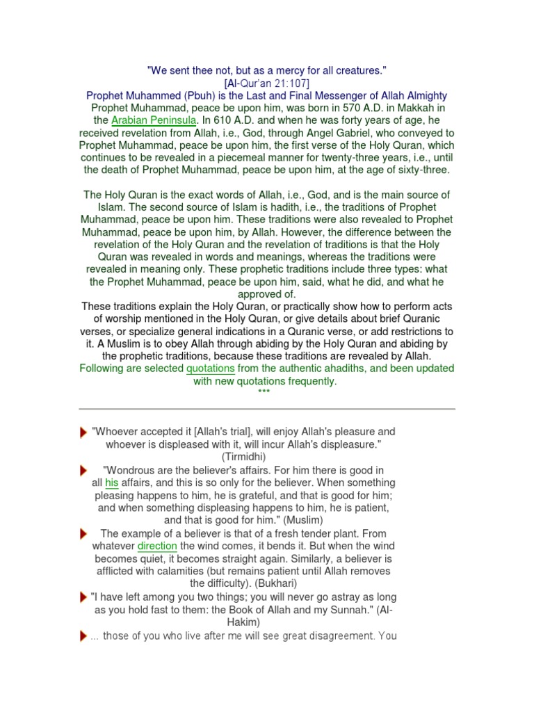 Teachings of Prophet Muhammad (PBUH) | PDF | Hadith | Quran