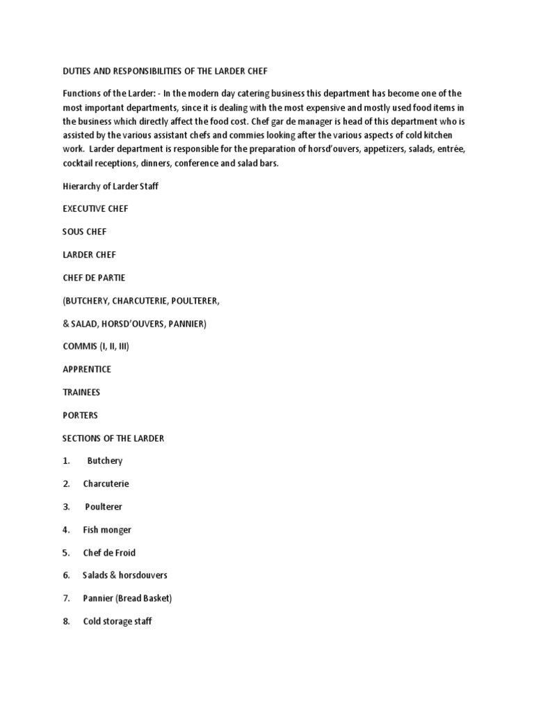 Duties and Responsibilities of The Larder Chef PDF Chef Eating