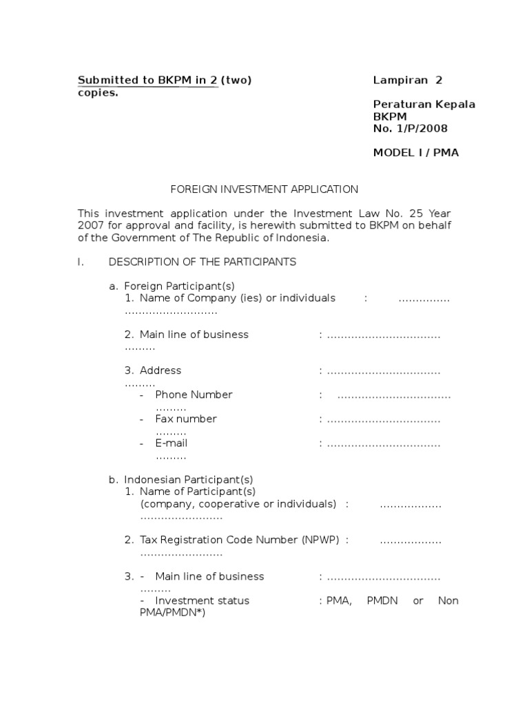 PMA Foreign Investment Application Form | PDF | Government Information ...