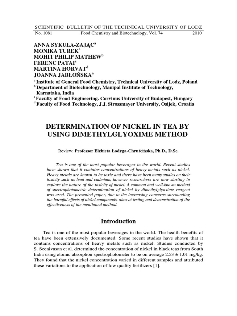 Determination of Nickel in Tea by Using Dimethylglyoxime Method