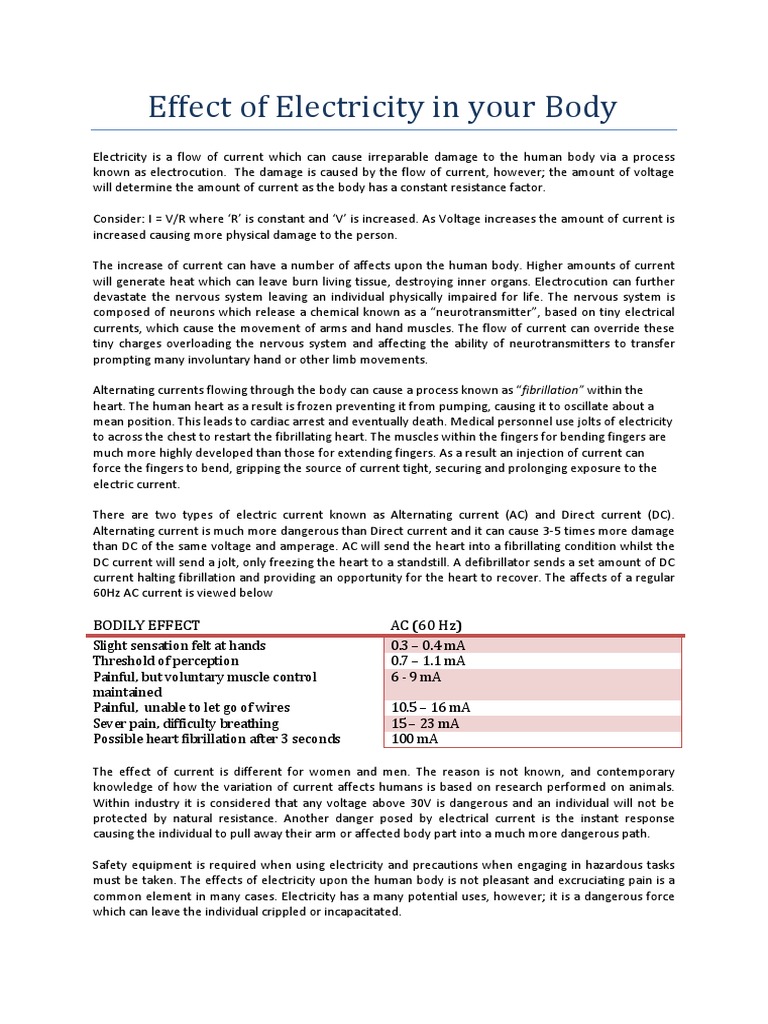 Effect of Electricity in Your Body PDF Electric Shock Electricity