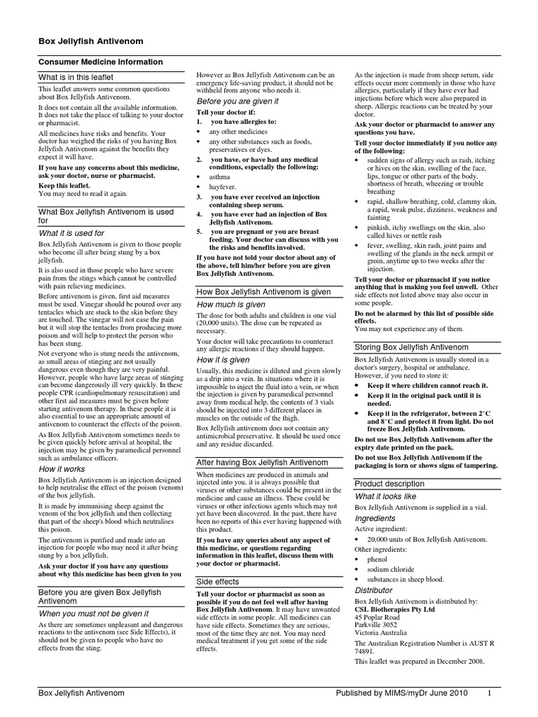 Box Jellyfish Antivenom Before You Are Given It PDF Adverse Effect