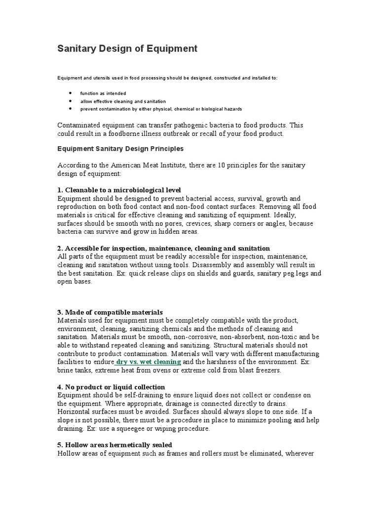 Sanitary Design Principles for Equipment | PDF | Sanitation | Bacteria