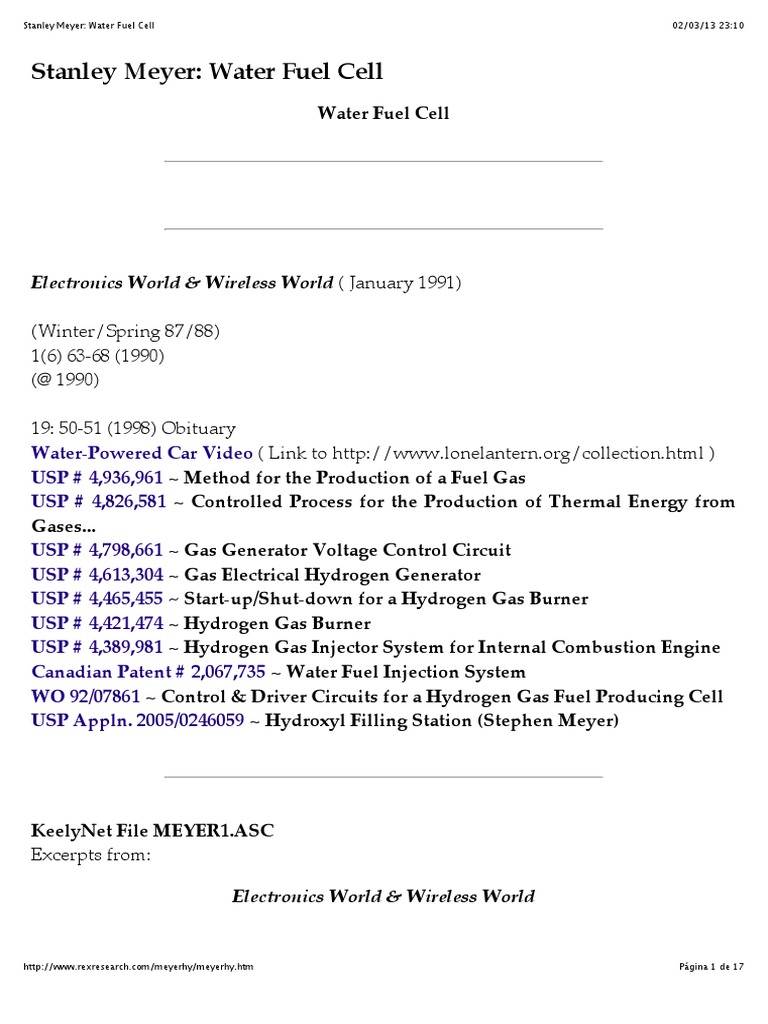 Stanley Meyer Water Fuel Cell PDF Hydrogen Fuel Cell